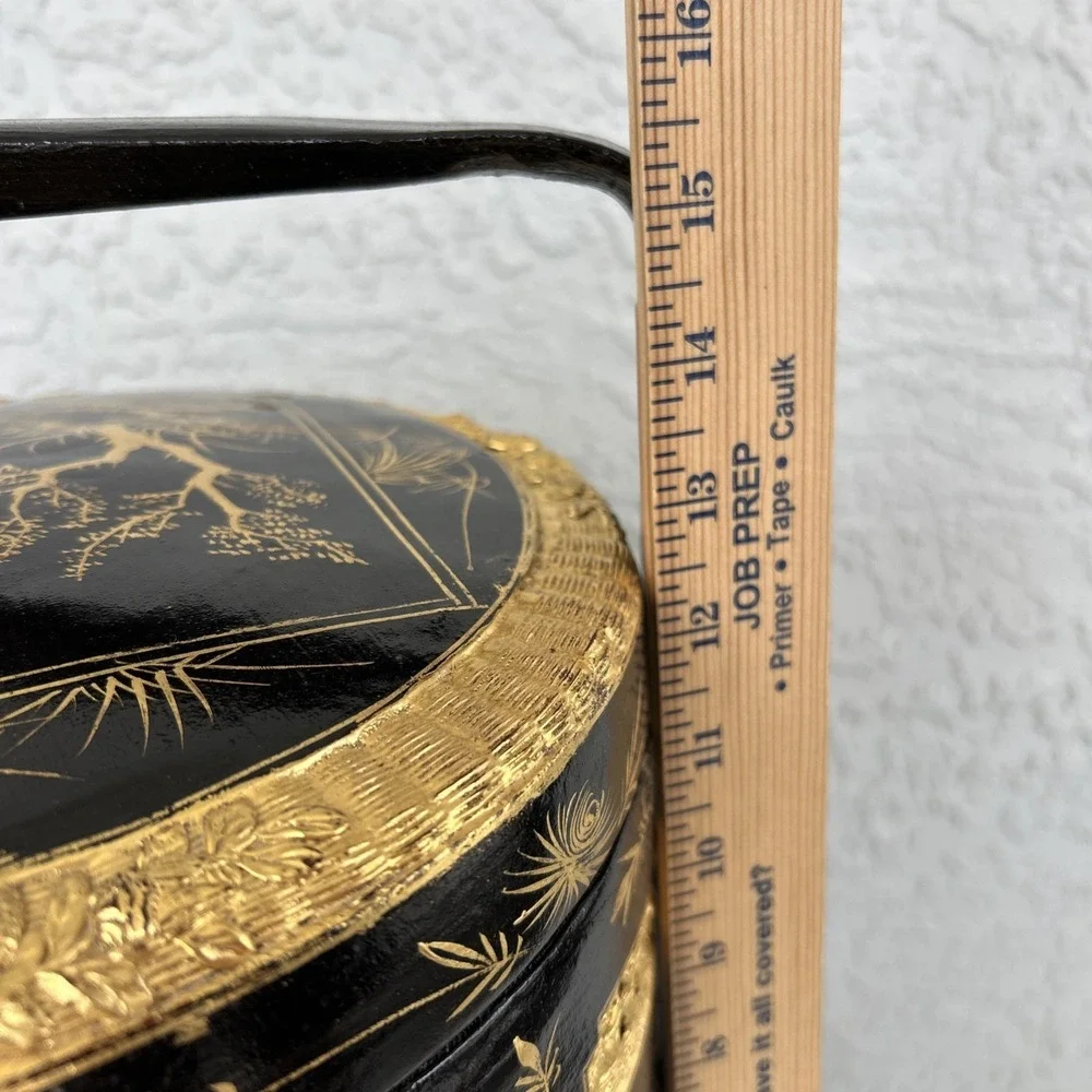 Large VTG Chinese‎ Wedding Basket 3 Tier Black Gold Lacquer Asian Decor